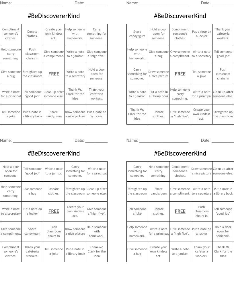 #BeDiscovererKind Bingo Cards