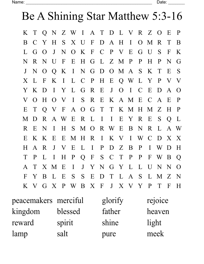 Be A Shining Star Matthew 5:3-16 Word Search