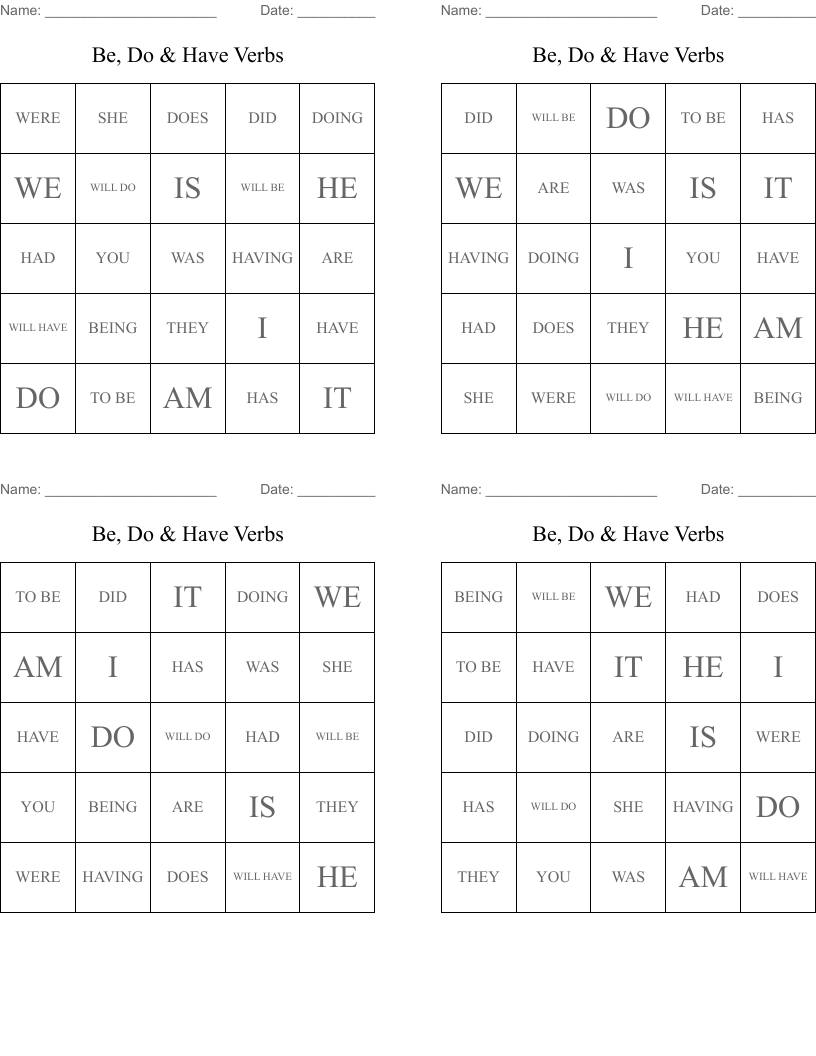 Be, Do & Have Verbs Bingo Cards
