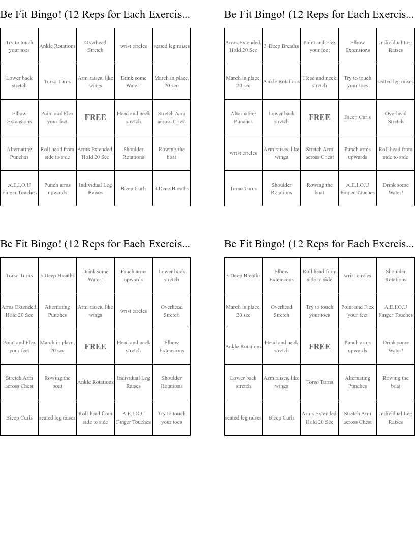Be Fit Bingo! (12 Reps for Each Exercise!)