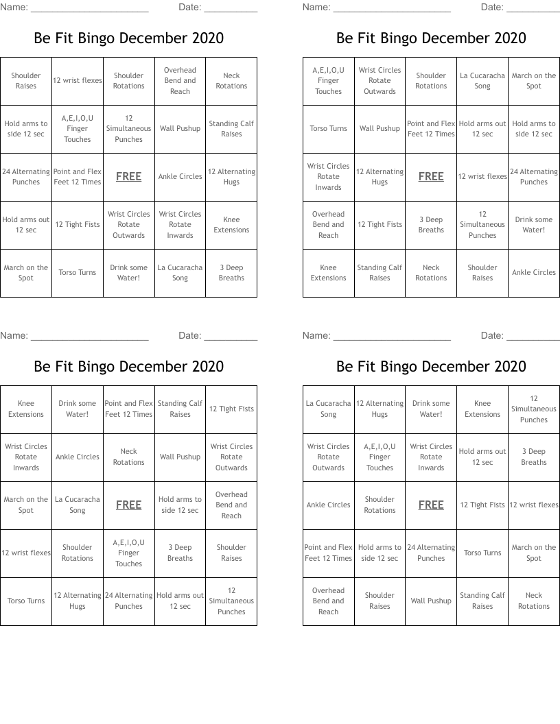 Be Fit Bingo December 2020