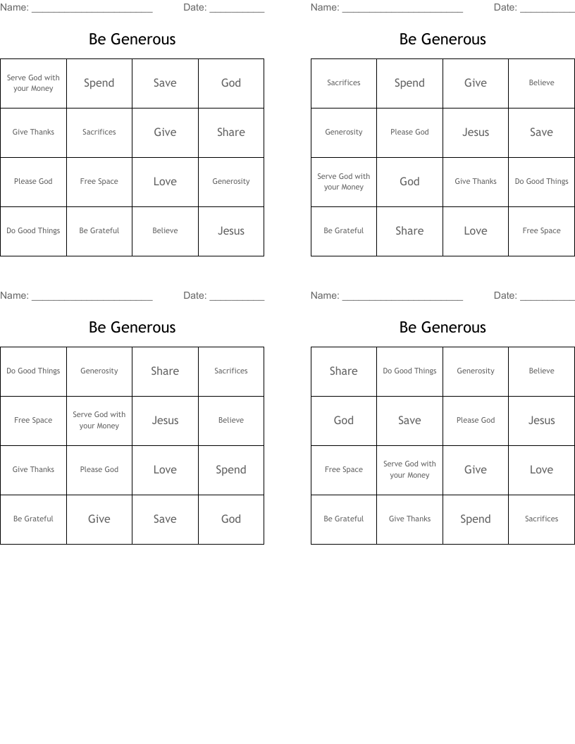 Be Generous Bingo Cards