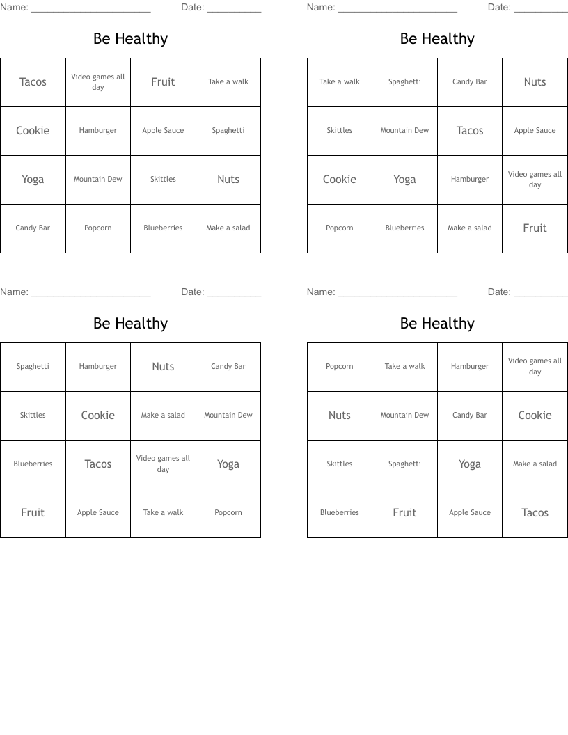 Be Healthy Bingo Cards