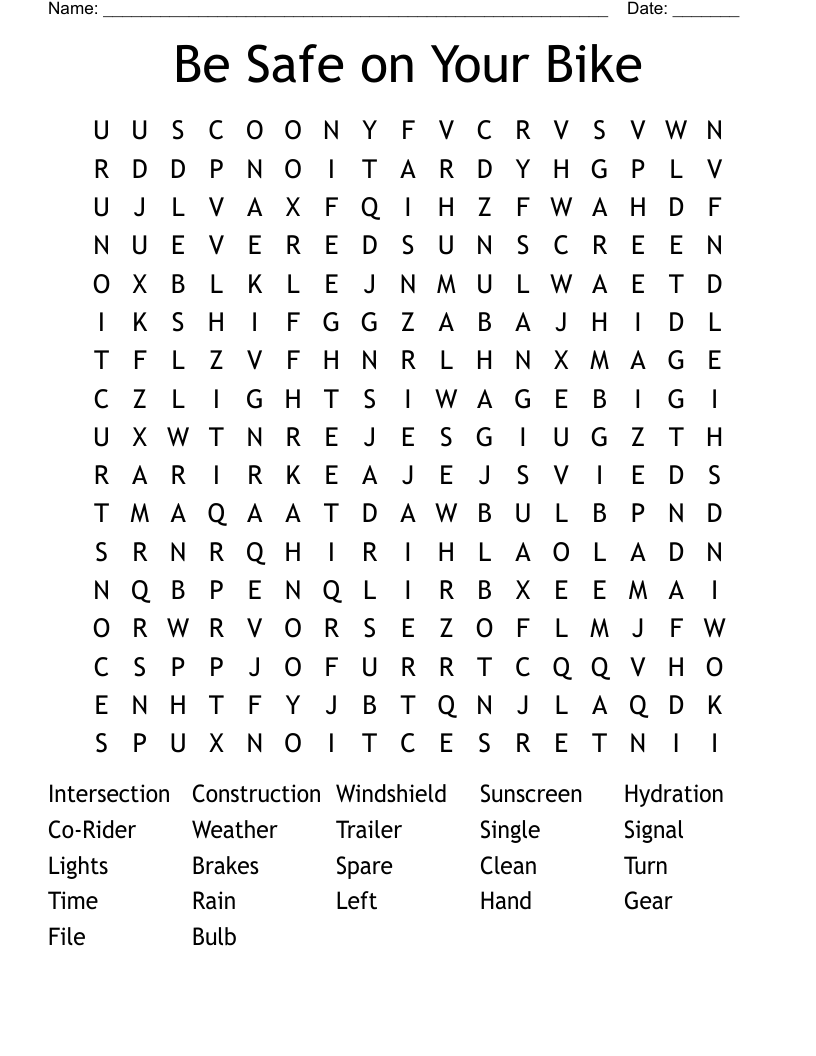 Be Safe on Your Bike Word Search
