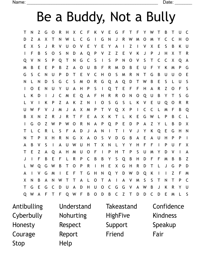 Be a Buddy, Not a Bully Word Search