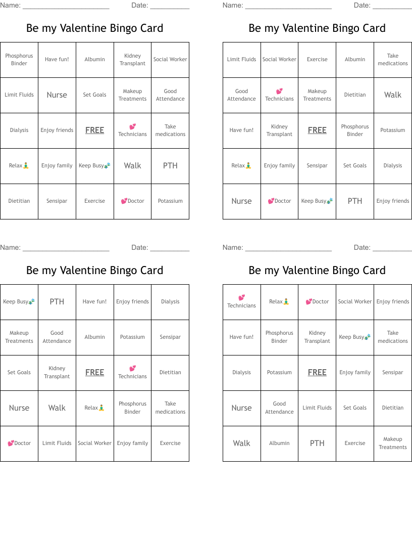 Be my Valentine Bingo Card