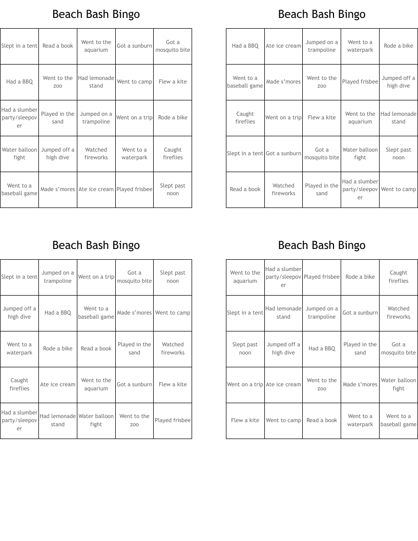 Beach Bash Bingo