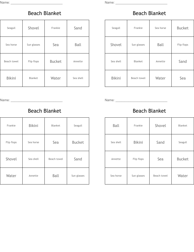 Beach Blanket  Bingo Cards