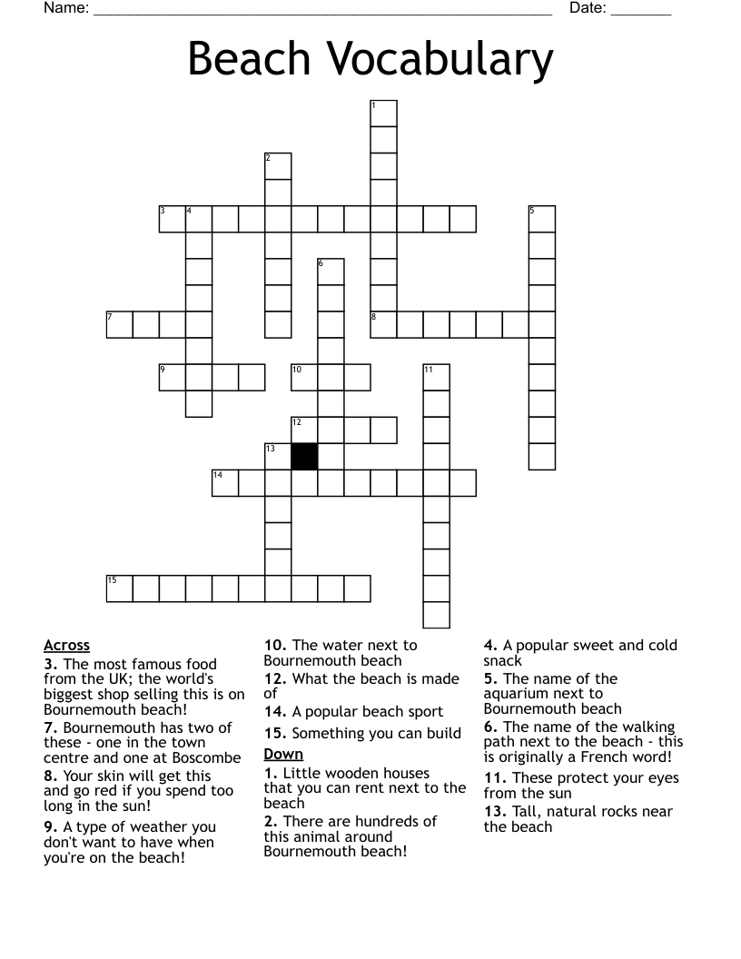 Beach Vocabulary Crossword