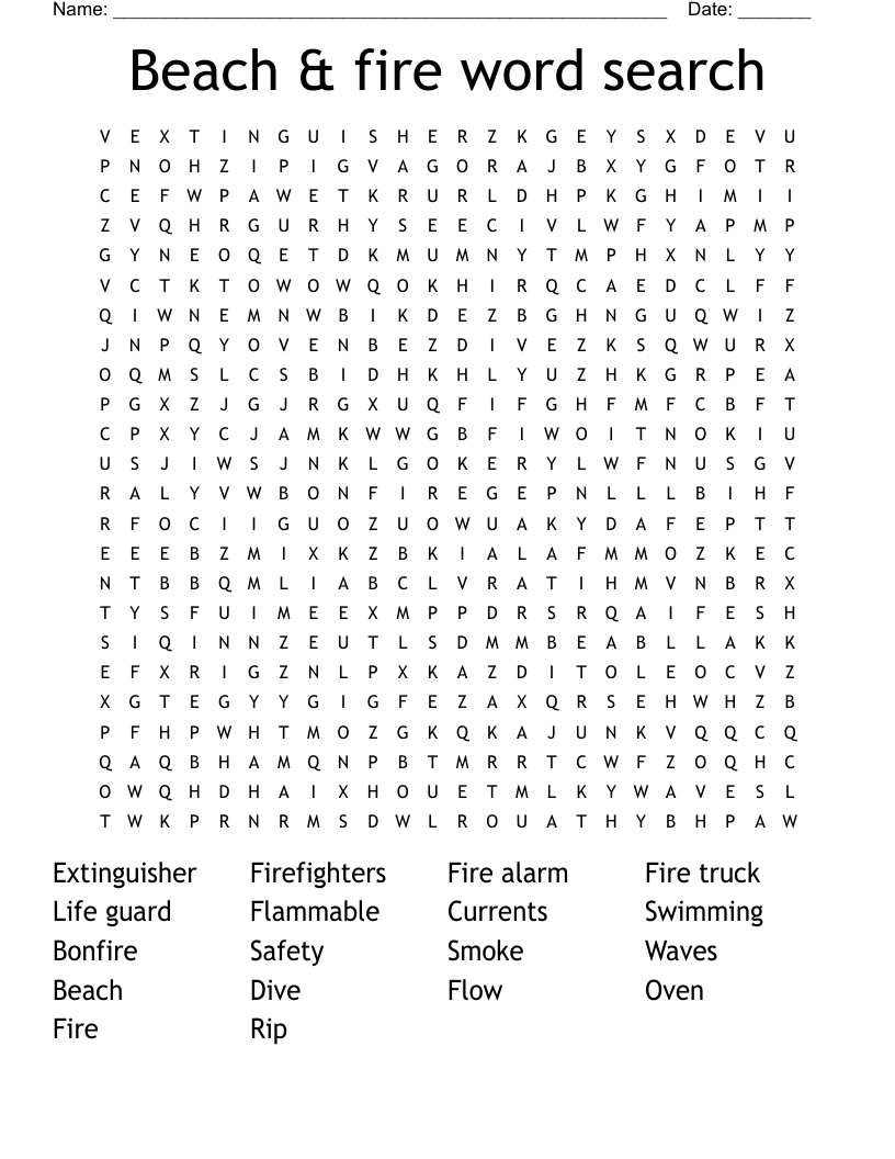 Beach & fire word search 