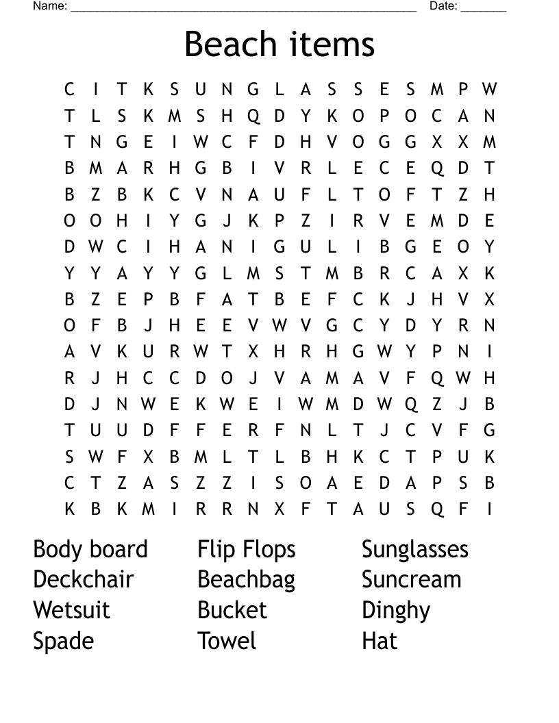 Beach items Word Search