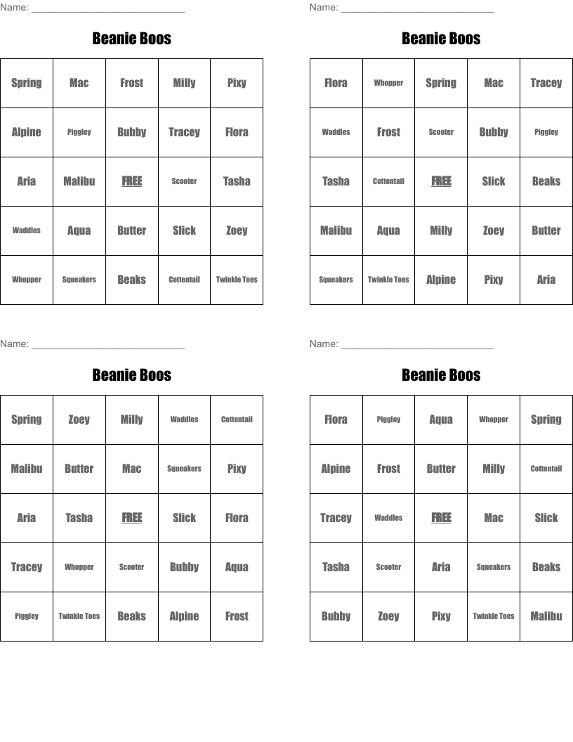 Beanie Boos Bingo Cards