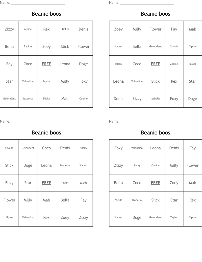 Beanie boos  Bingo Cards