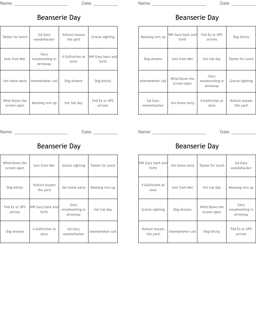 Beanserie Day Bingo Cards