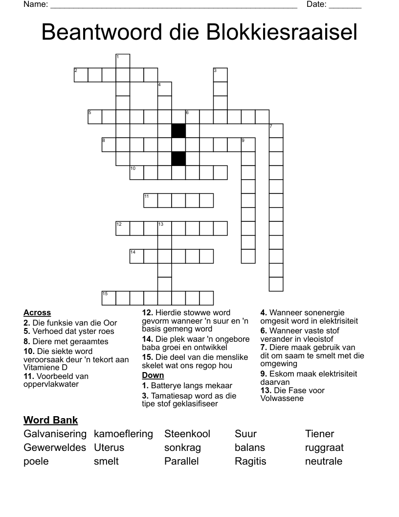 Beantwoord die Blokkiesraaisel Crossword