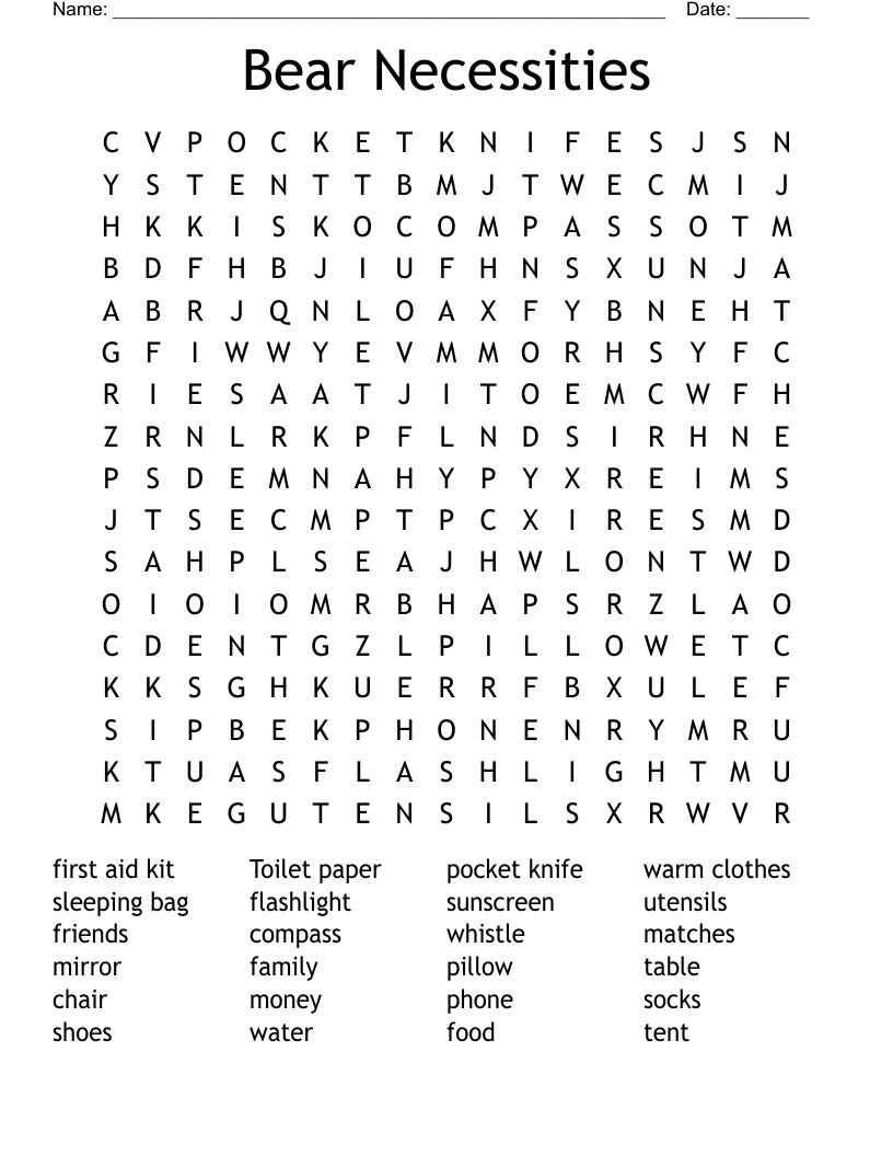Bear Necessities Word Search