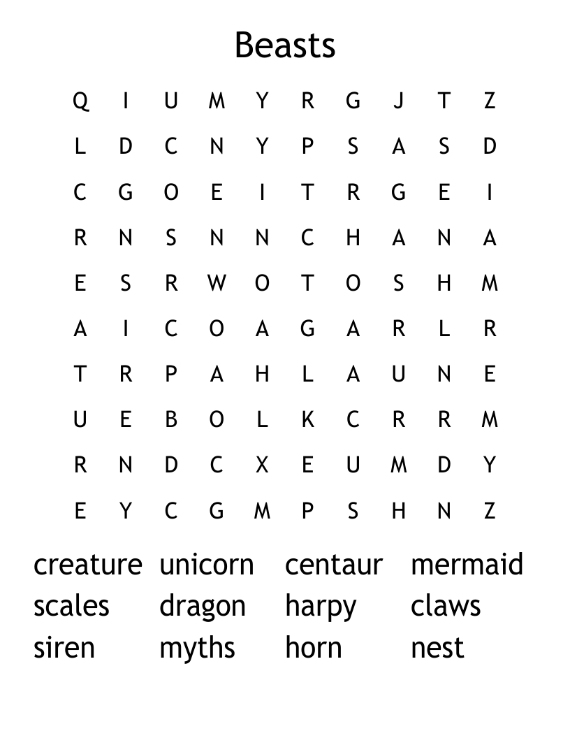 Beasts Word Search