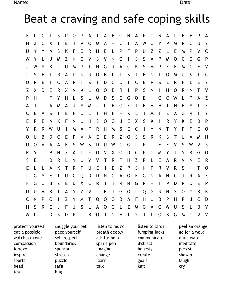 Beat a craving and safe coping skills Word Search