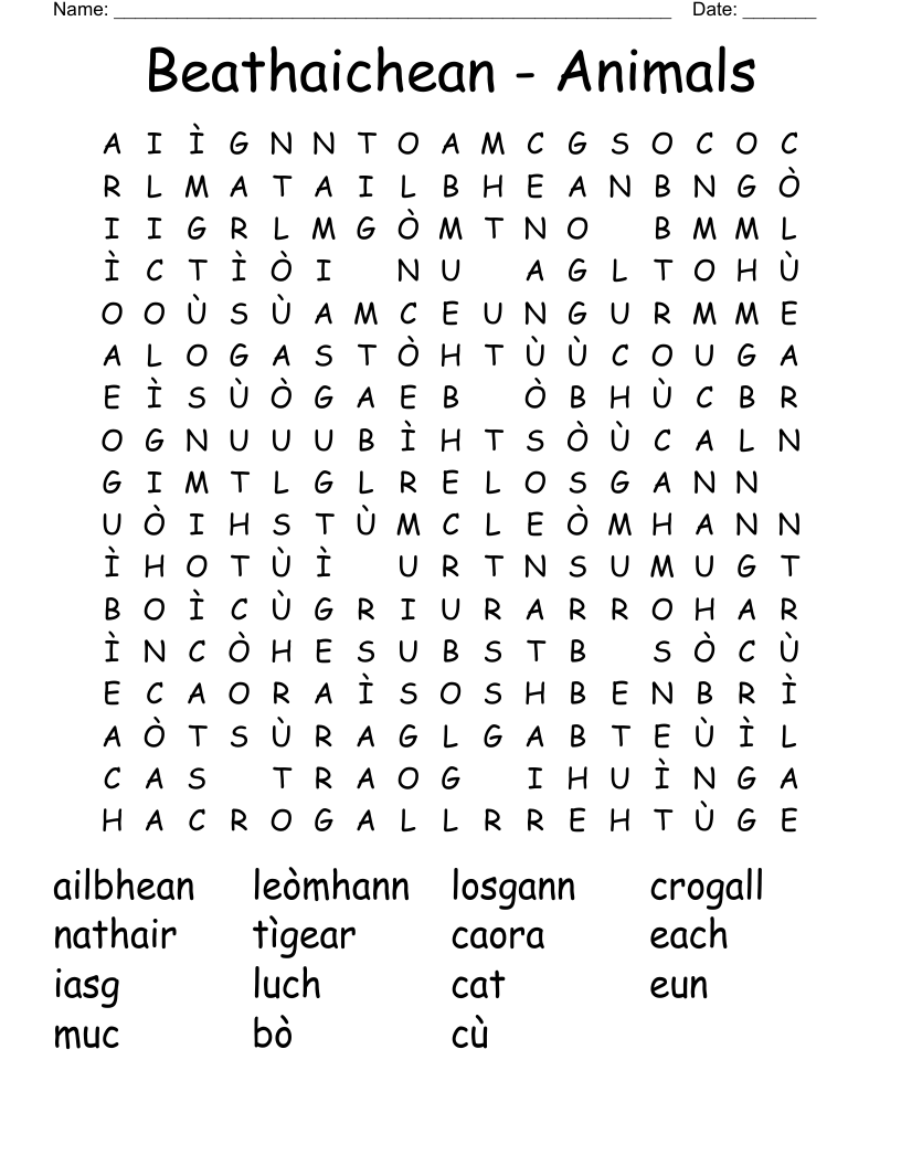 Beathaichean - Animals Word Search