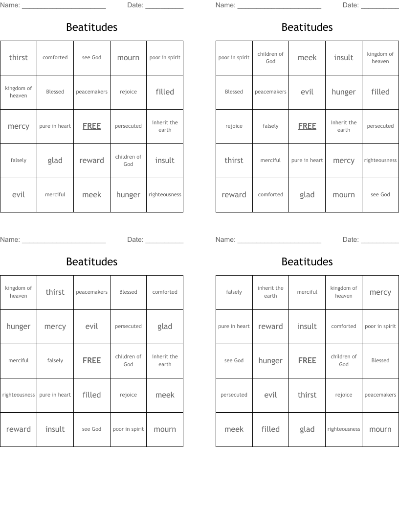 Beatitudes Bingo Cards