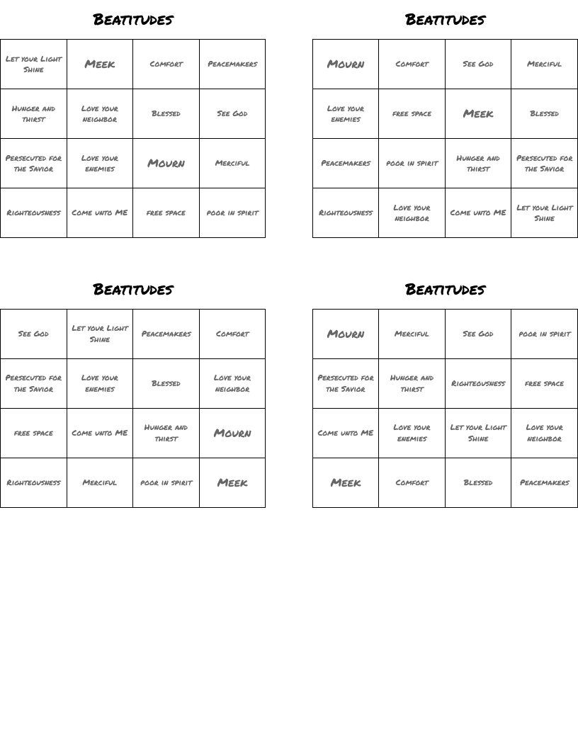 Beatitudes Bingo Cards
