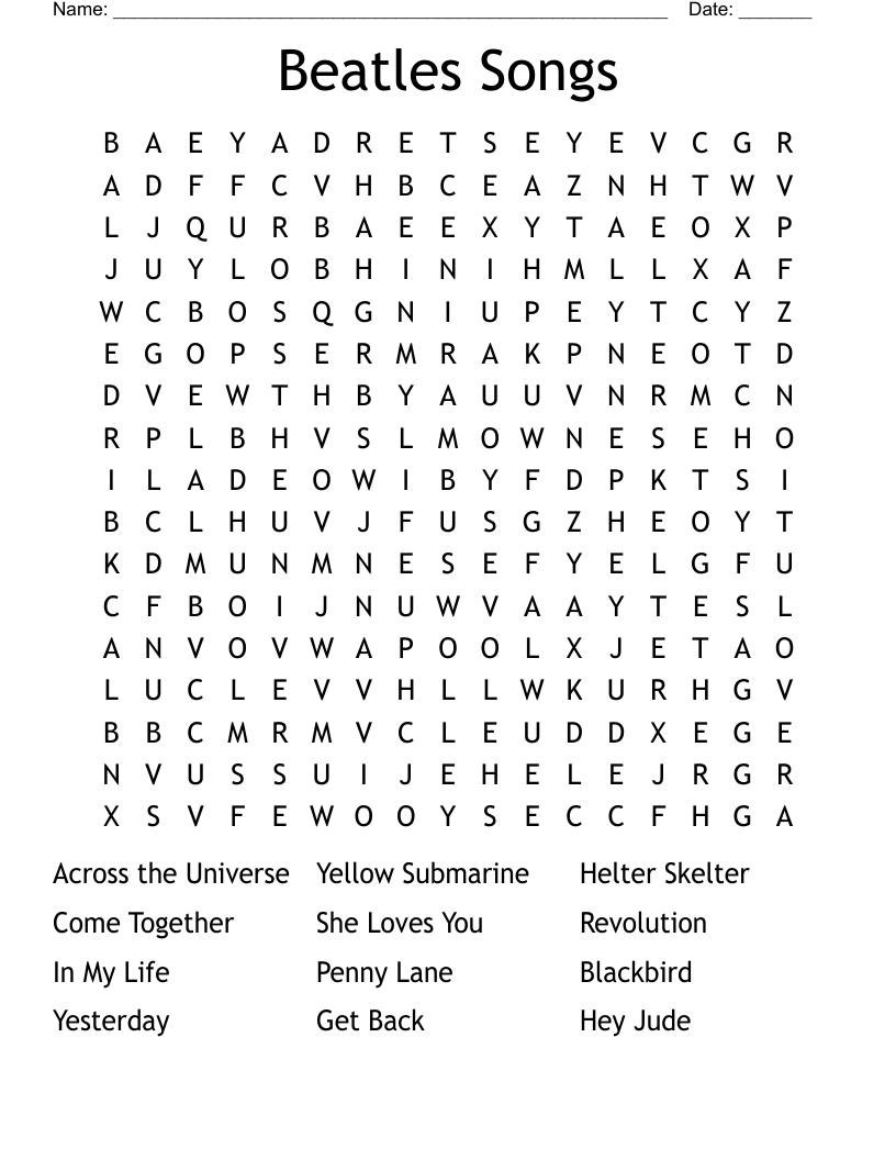 Beatles Songs Word Search
