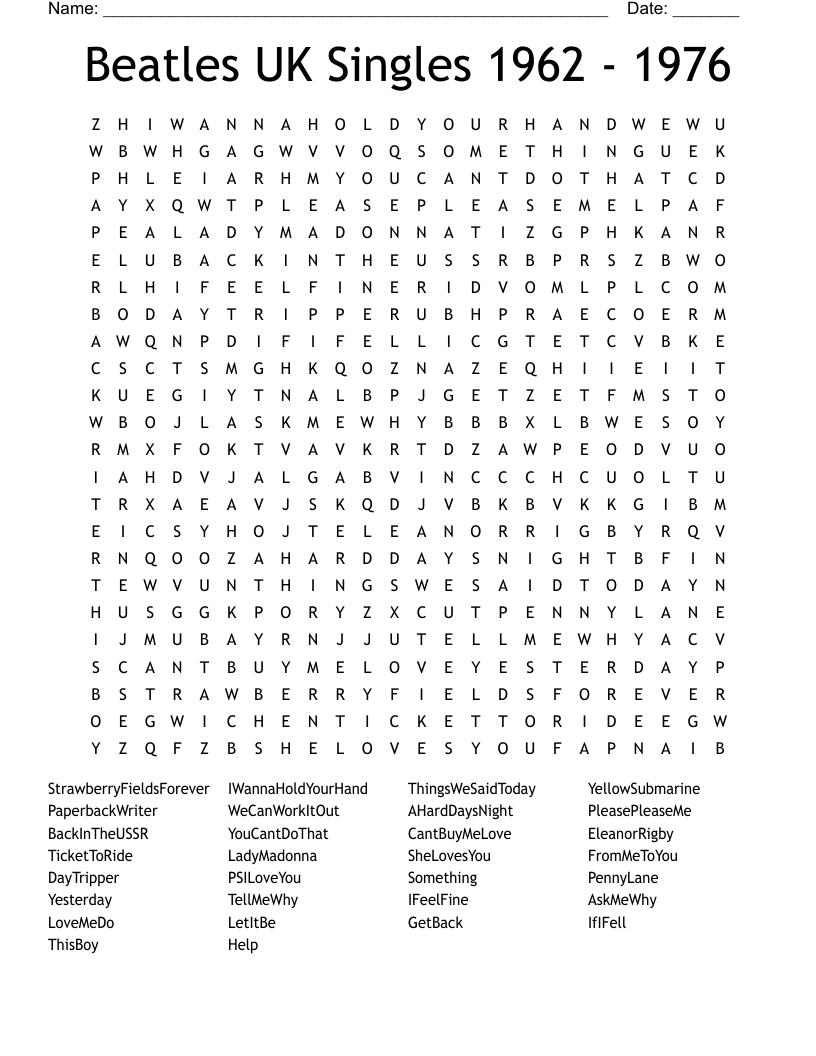 Beatles UK Singles 1962 - 1976 Word Search