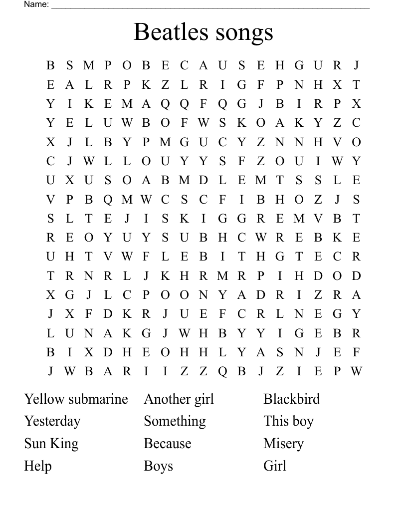Beatles songs  Word Search