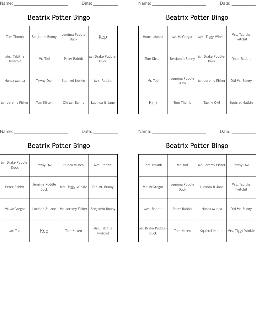 Beatrix Potter Bingo