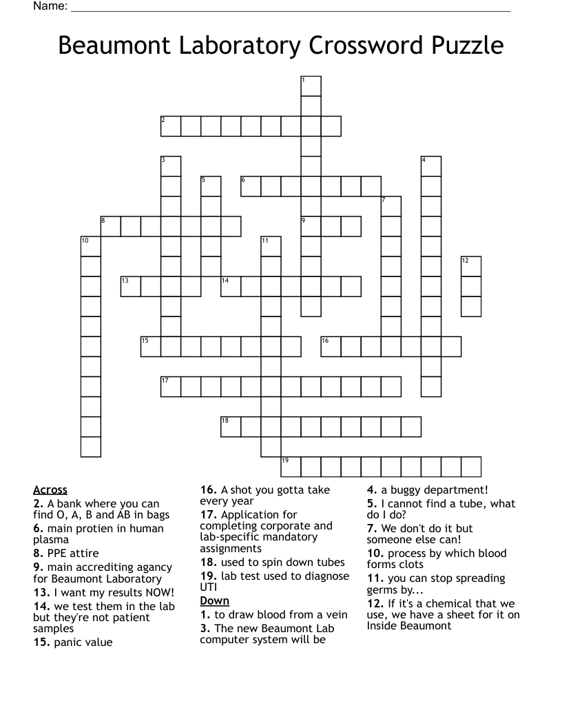 Beaumont Laboratory Crossword Puzzle