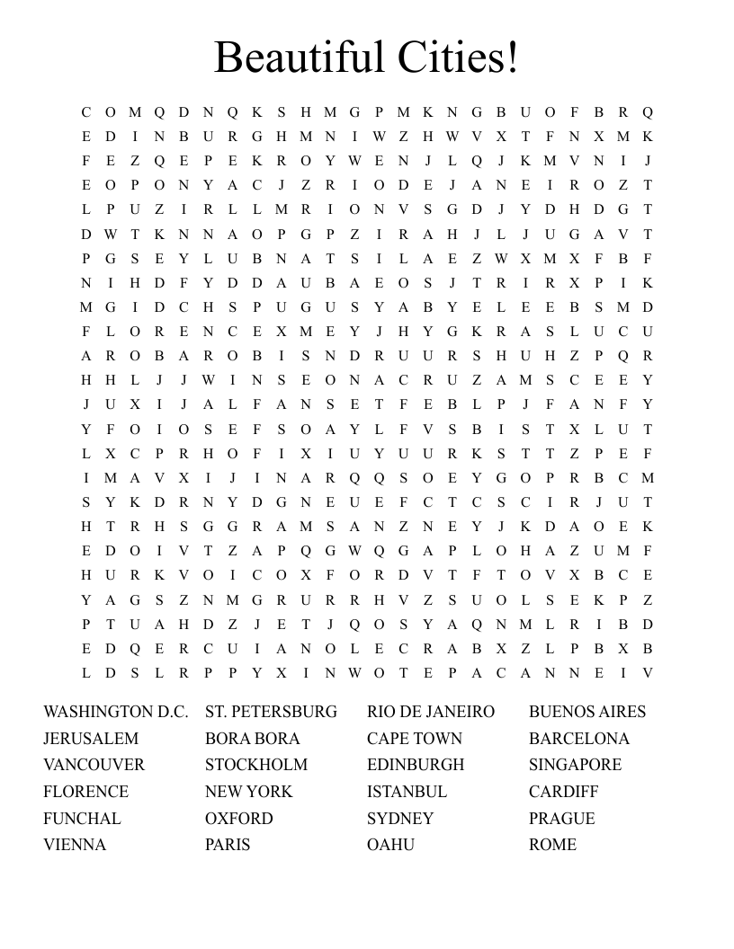 Beautiful Cities! Word Search