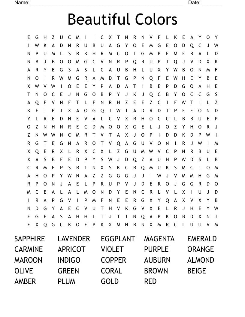 Beautiful Colors Word Search