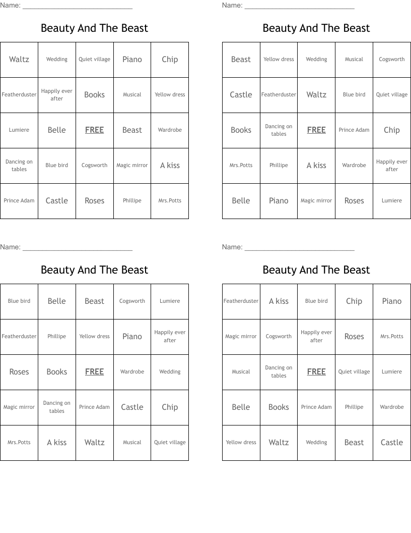 Beauty And The Beast Bingo Cards