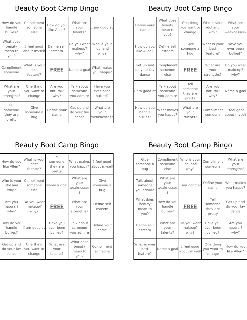 Beauty Boot Camp Bingo