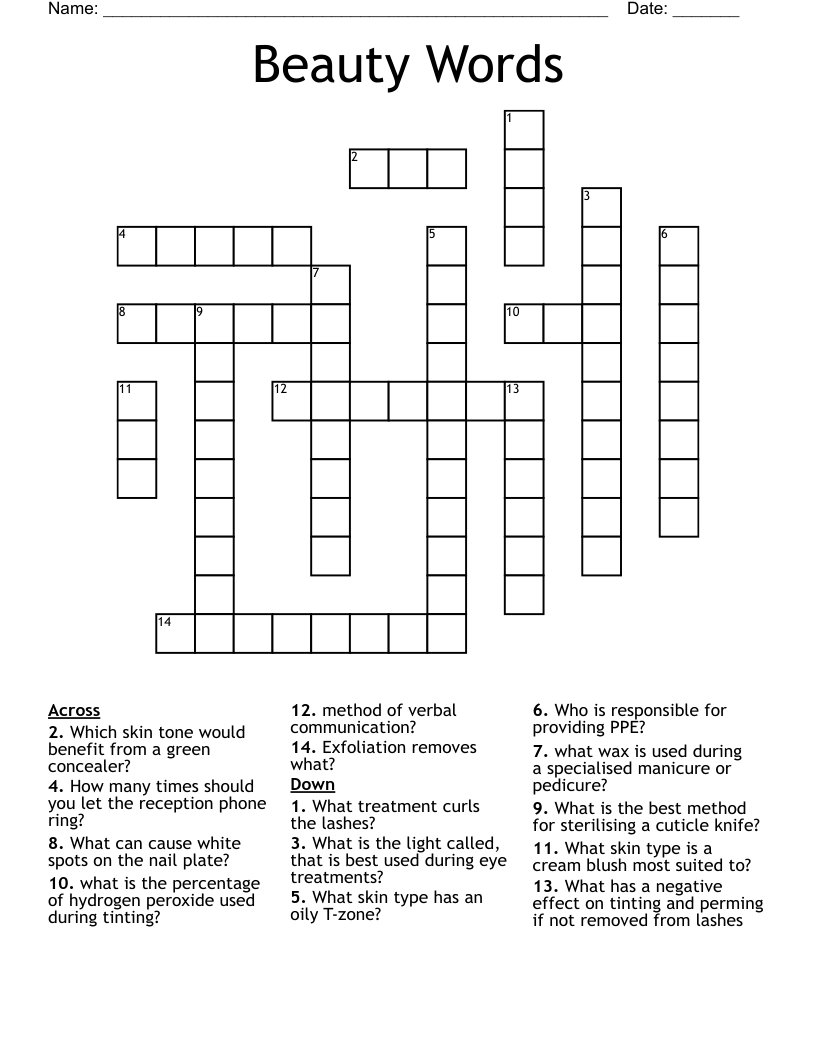 Beauty Words Crossword