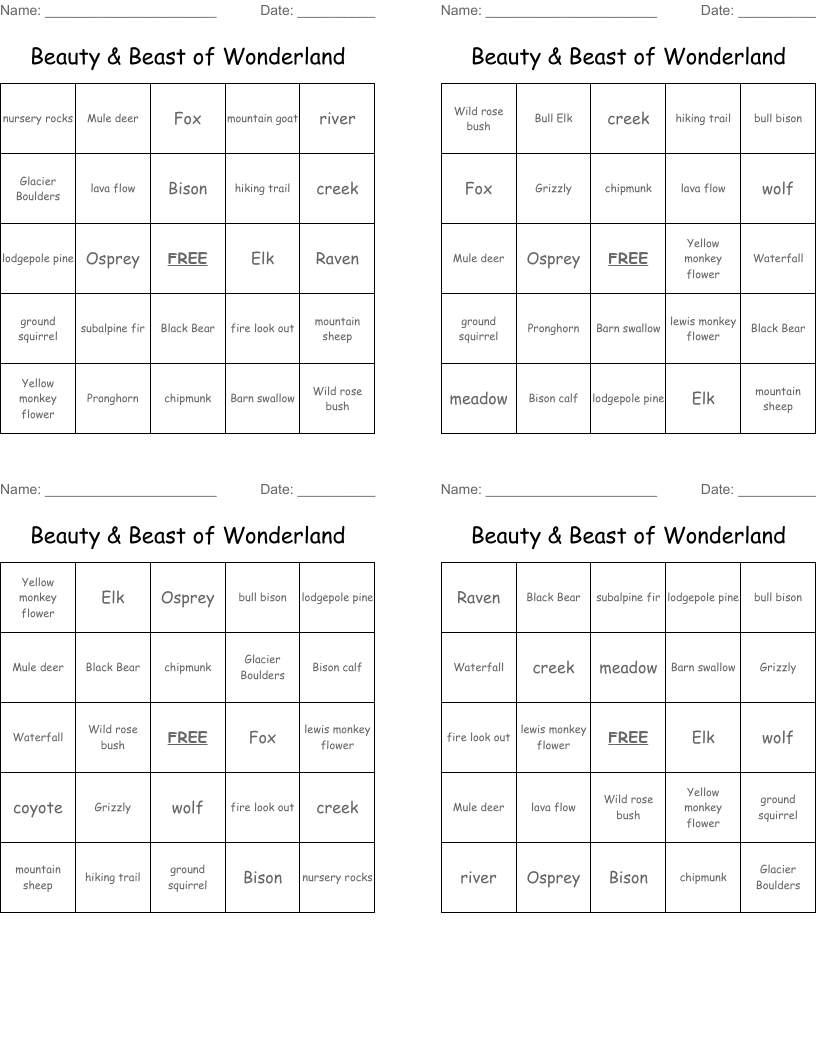 Beauty & Beast of Wonderland Bingo Cards