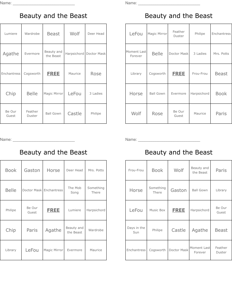 Beauty and the Beast Bingo Cards
