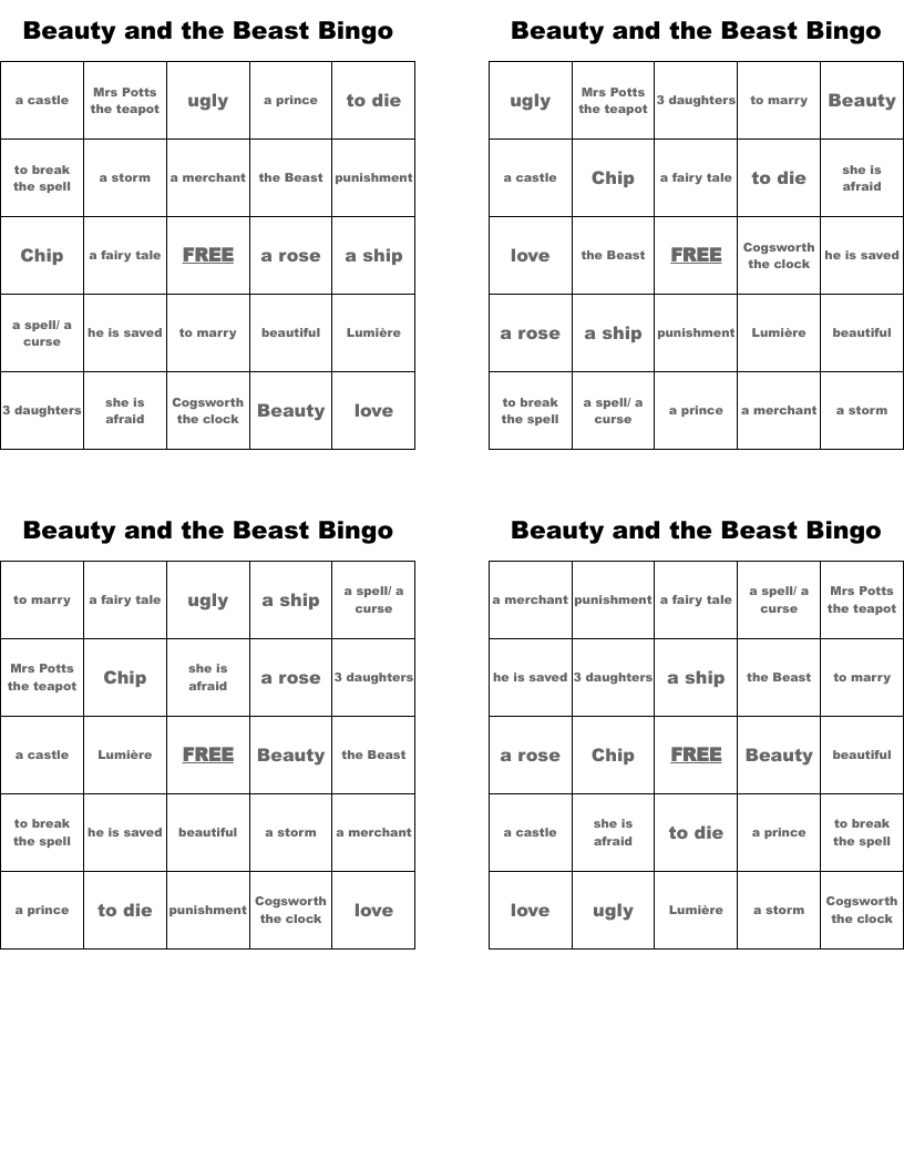Beauty and the Beast Bingo