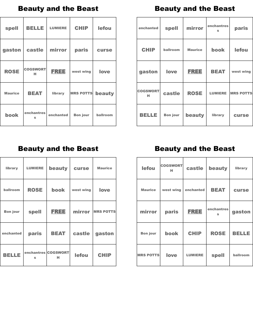 Beauty and the Beast  Bingo Cards