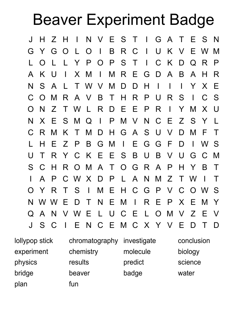 Beaver Experiment Badge Word Search