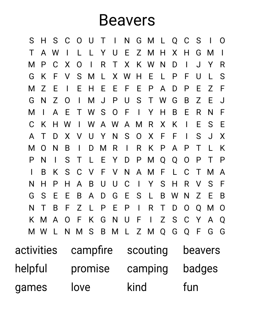 Beavers Word Search