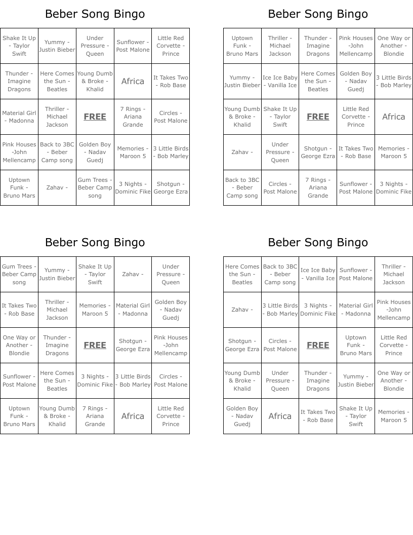 Beber Song Bingo
