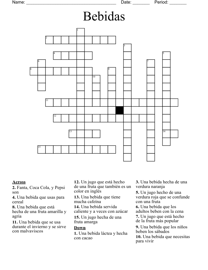 Bebidas Crossword