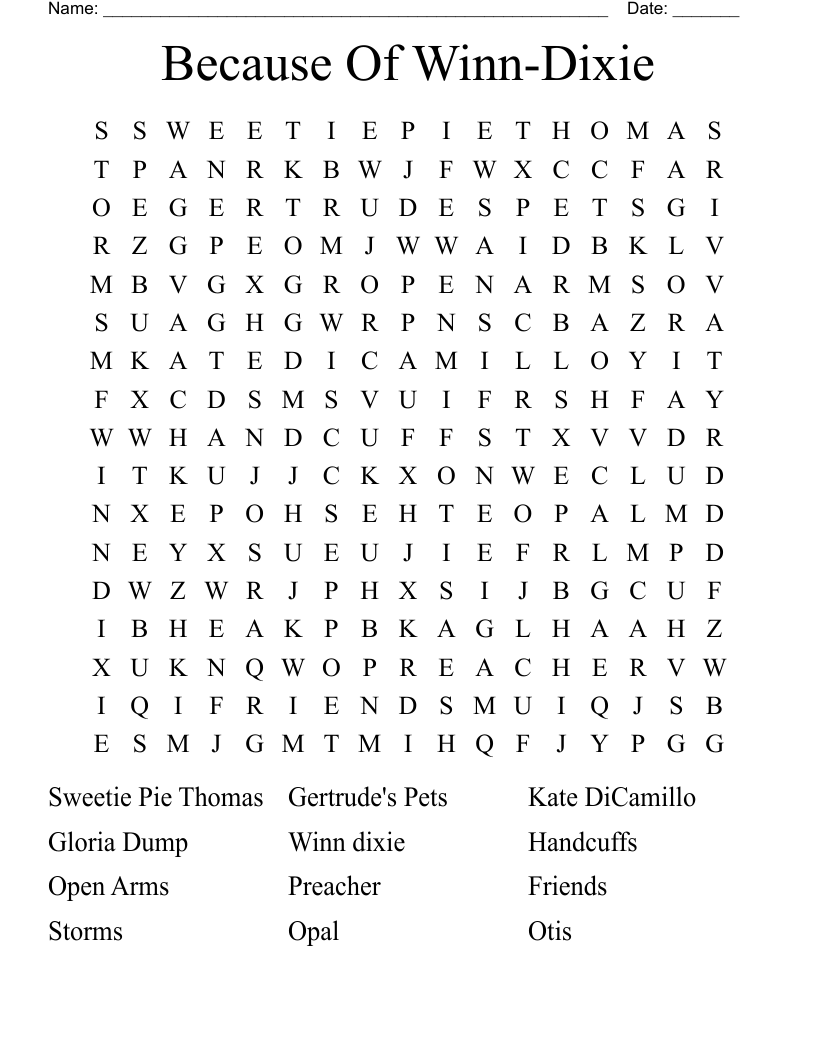 Because Of Winn-Dixie Word Search