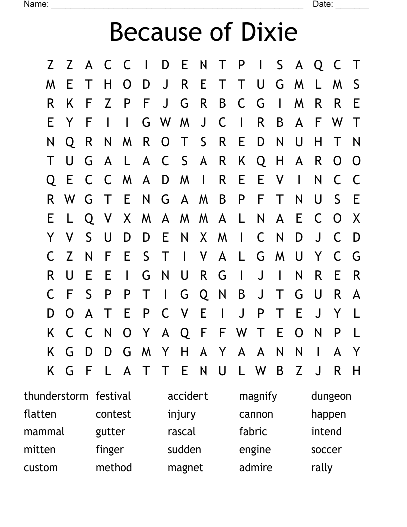 Because of Dixie Word Search