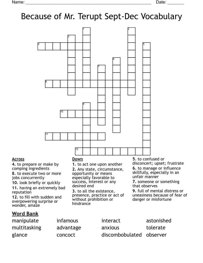 Because of Mr. Terupt Sept-Dec Vocabulary Crossword