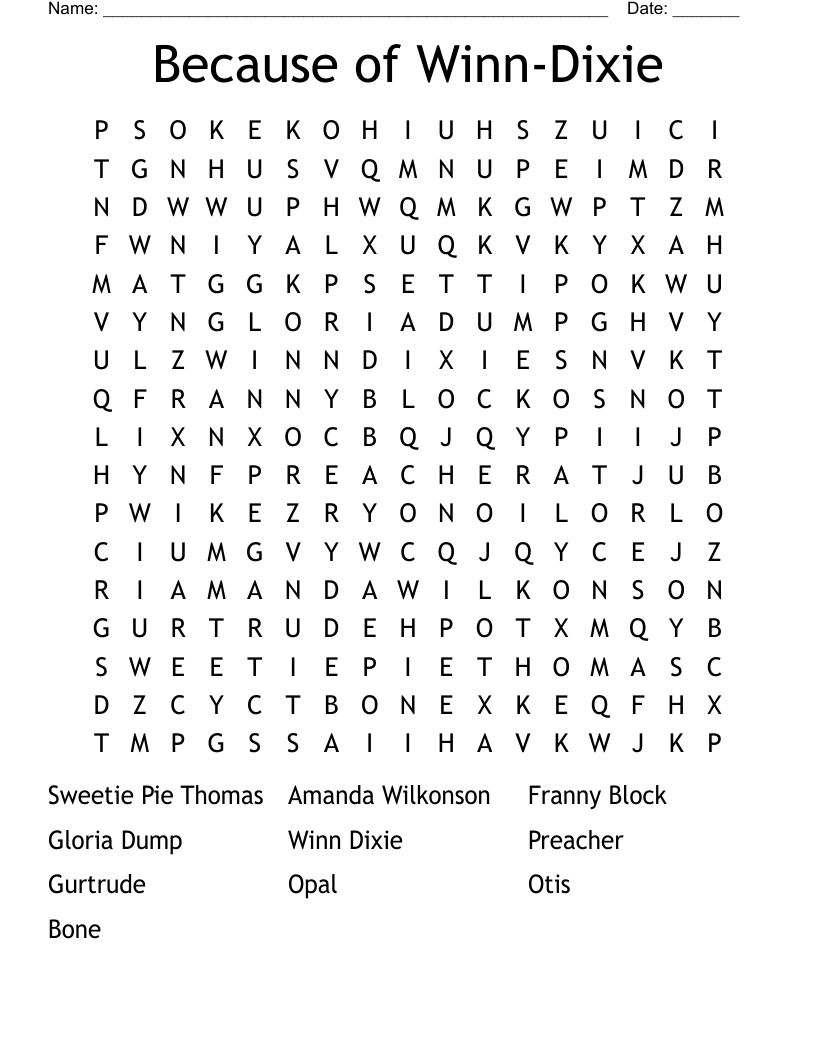 Because of Winn-Dixie Word Search