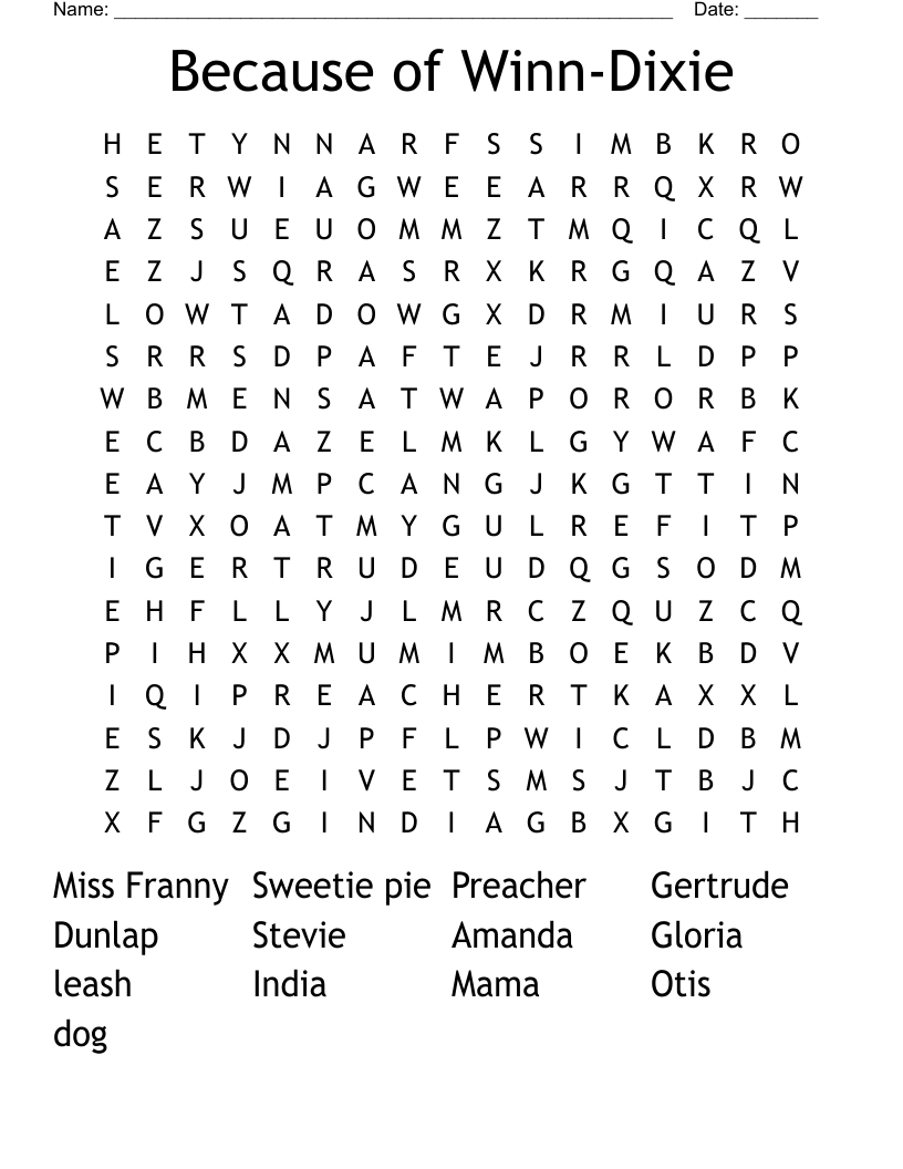 Because of Winn-Dixie Word Search