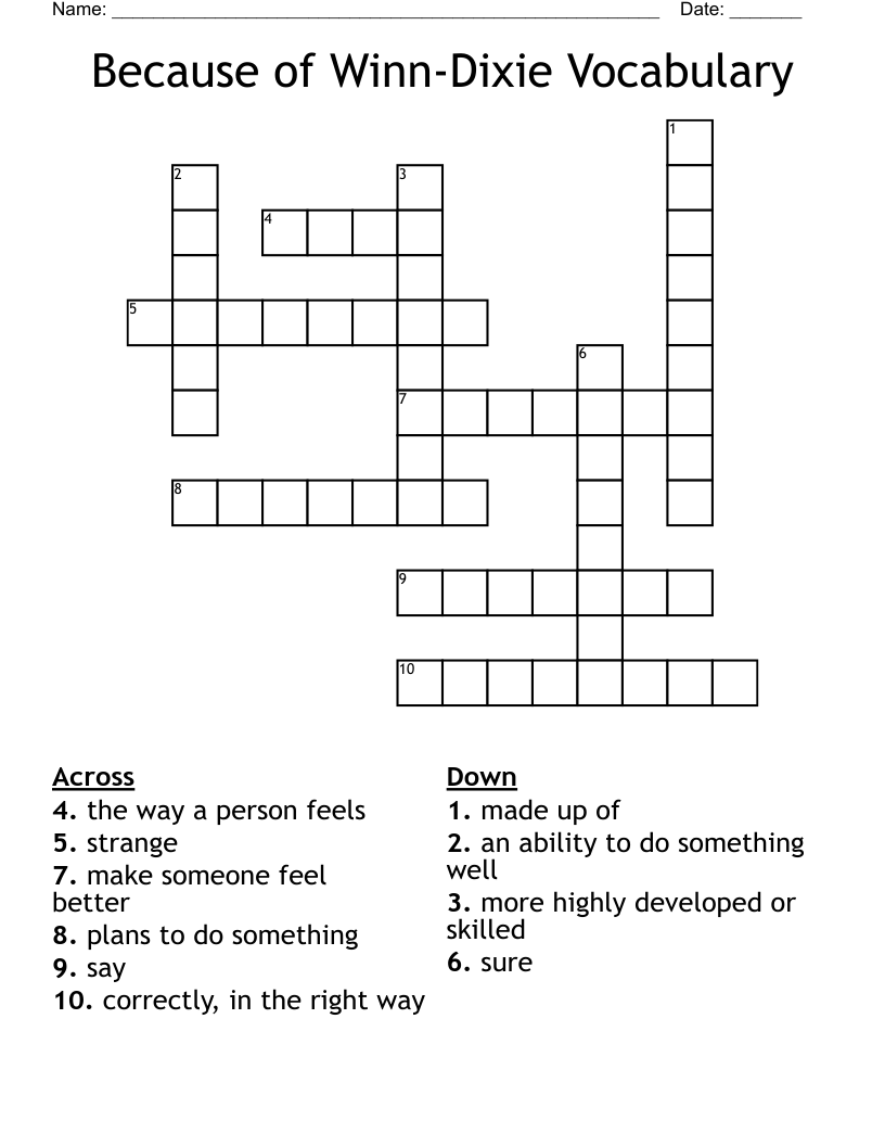 Because of Winn-Dixie Vocabulary Crossword