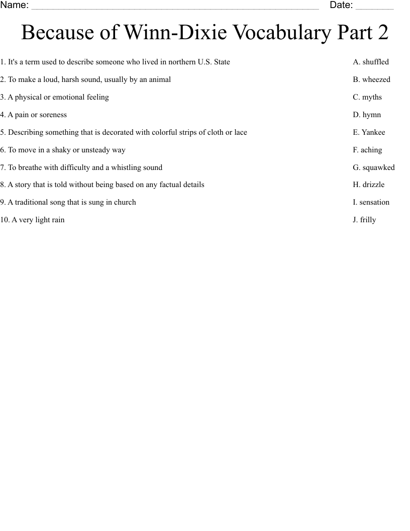 Because of Winn-Dixie Vocabulary Part 2 Worksheet